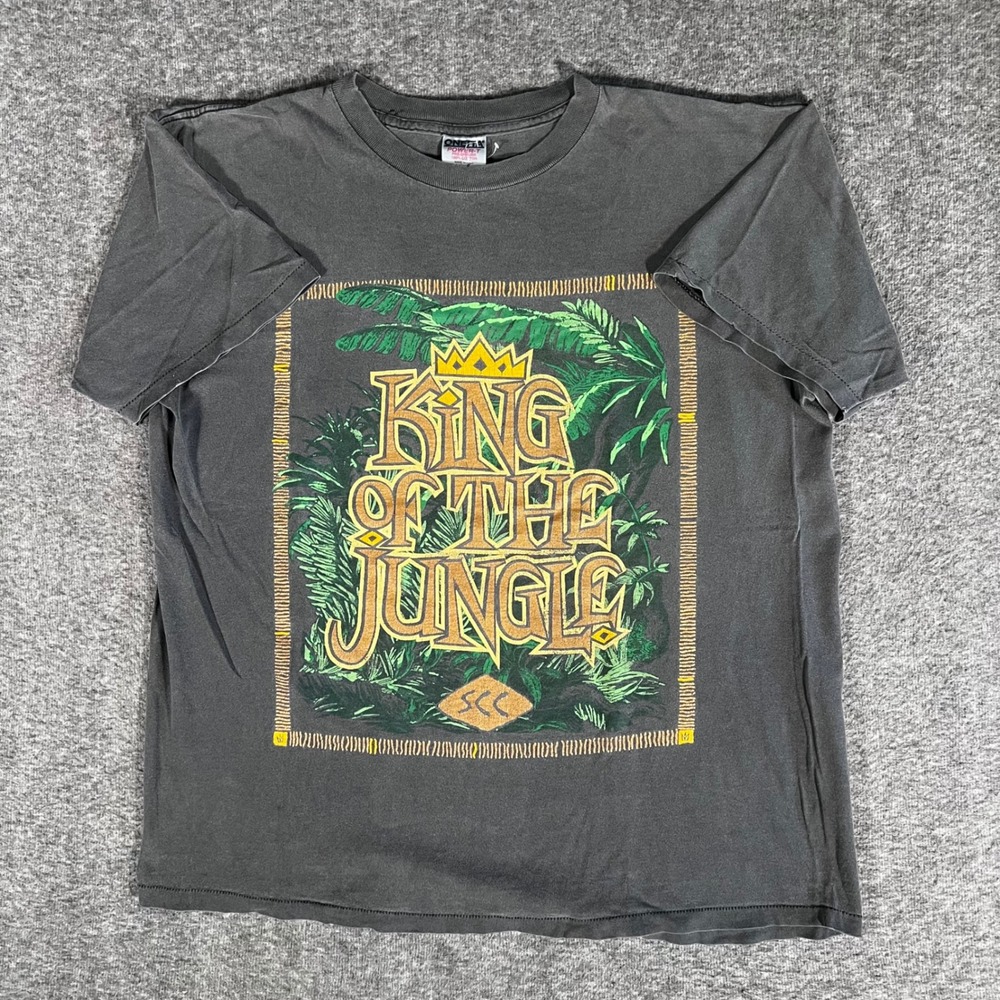 Vintage 90s Oneita King of the Jungle Jesus T-Shirt XL Faded Black USA Made